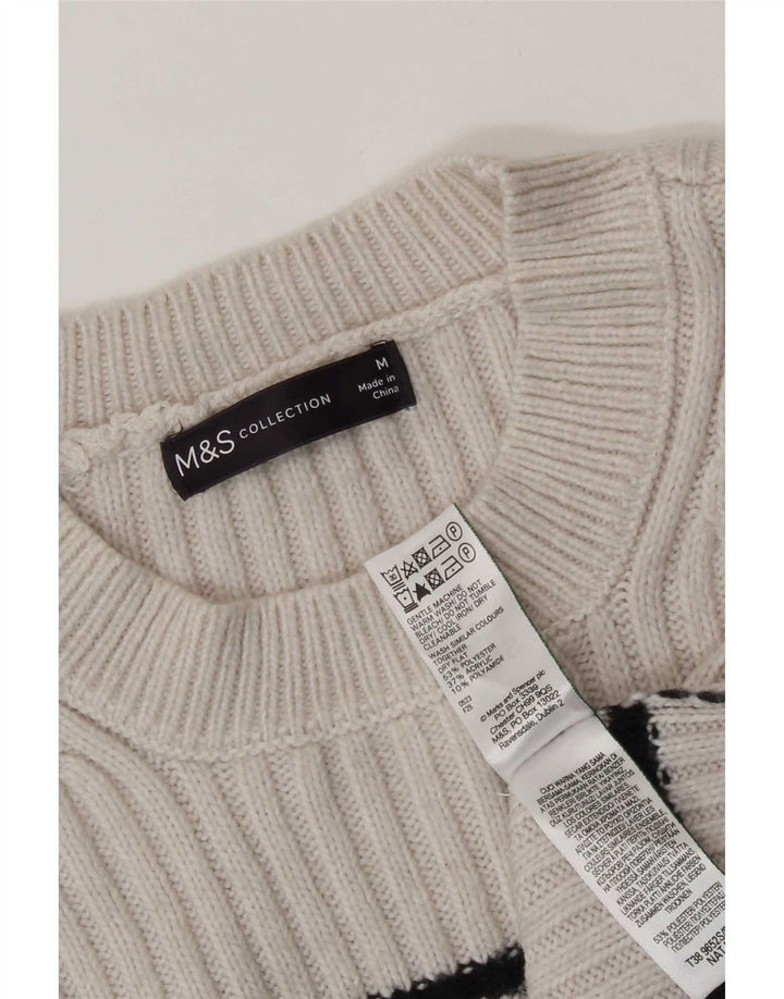 Marks & Spencer Womens Crew Neck Jumper Sweater UK 14 Medium Beige Striped