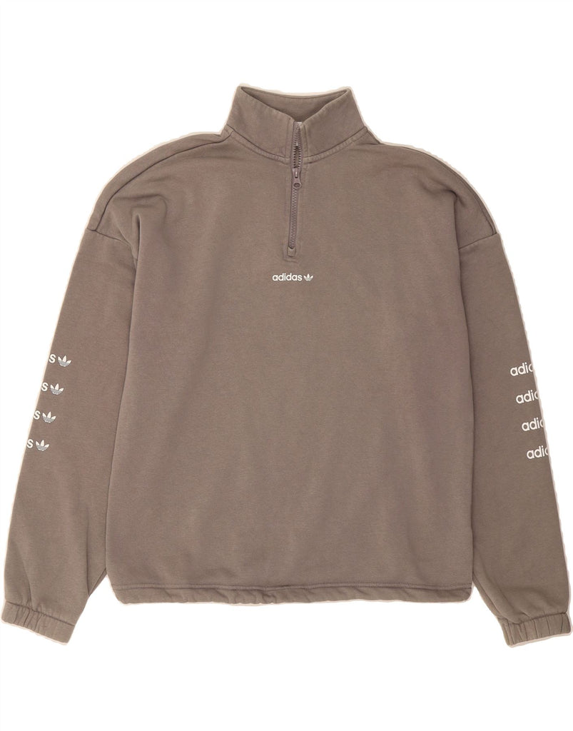 ADIDAS Womens Graphic Zip Neck Sweatshirt Jumper UK 12 Medium Grey Cotton Vintage Adidas and Second-Hand Adidas from Messina Hembry 