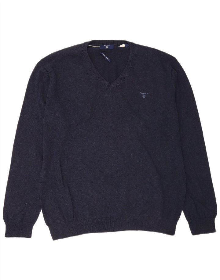 Gant Mens V-Neck Jumper Sweater XL Navy Blue Cotton