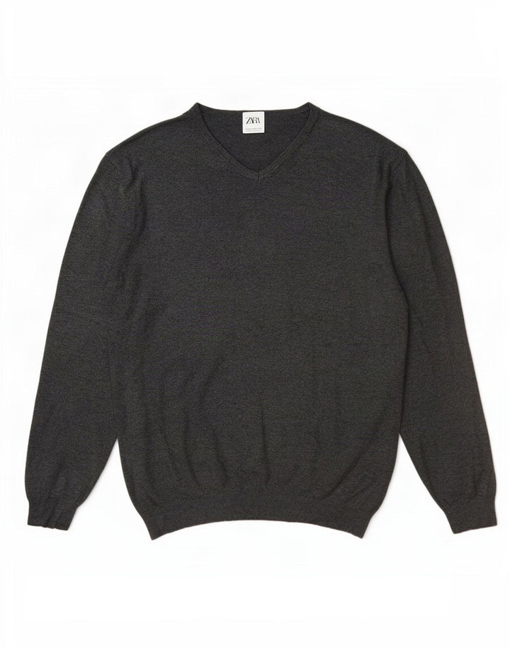 Zara Mens V-Neck Jumper Sweater 2XL Grey Viscose