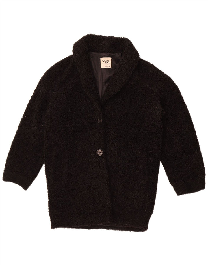 Zara Womens Fleece Oversized Overcoat UK 6 XS Black Polyester