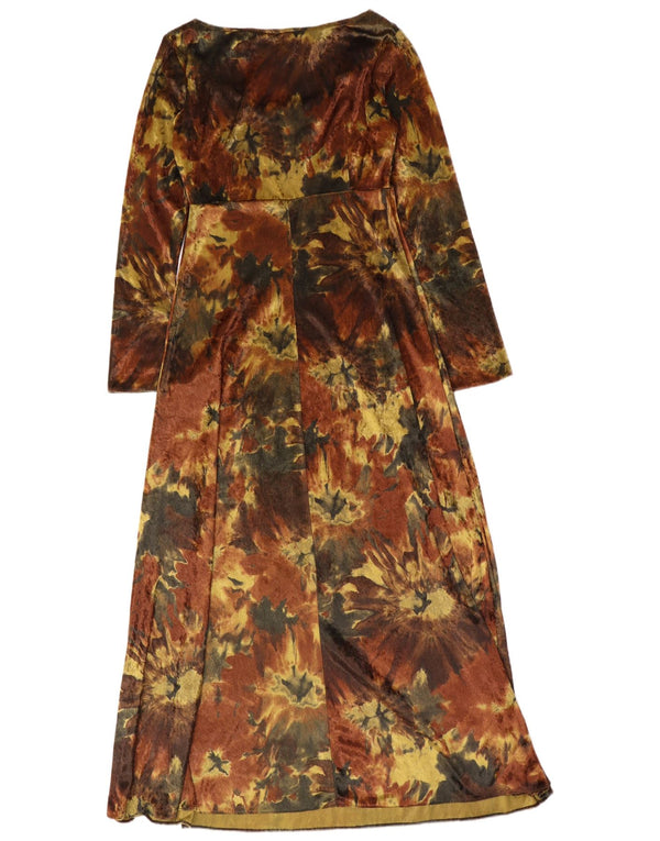 Vintage Womens Long Sleeve Velour Maxi Dress UK 12 Medium Brown Tie Dye