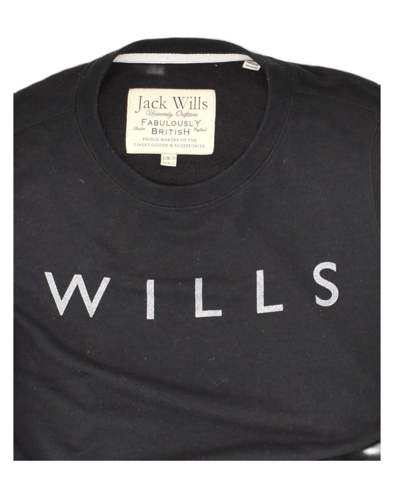 JACK WILLS Womens Graphic Sweatshirt Jumper UK 10 Small Black Cotton | Vintage Jack Wills | Thrift | Second-Hand Jack Wills | Used Clothing | Messina Hembry 