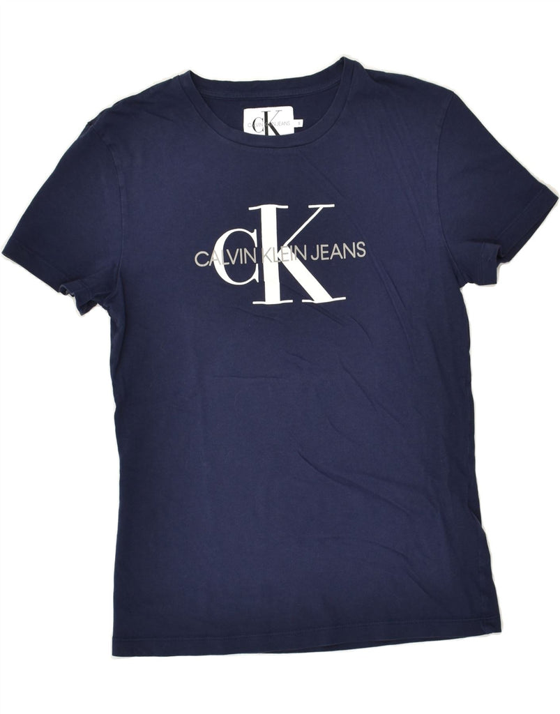 CALVIN KLEIN Womens Graphic T-Shirt Top UK 10 Small Navy Blue Cotton | Vintage Calvin Klein | Thrift | Second-Hand Calvin Klein | Used Clothing | Messina Hembry 