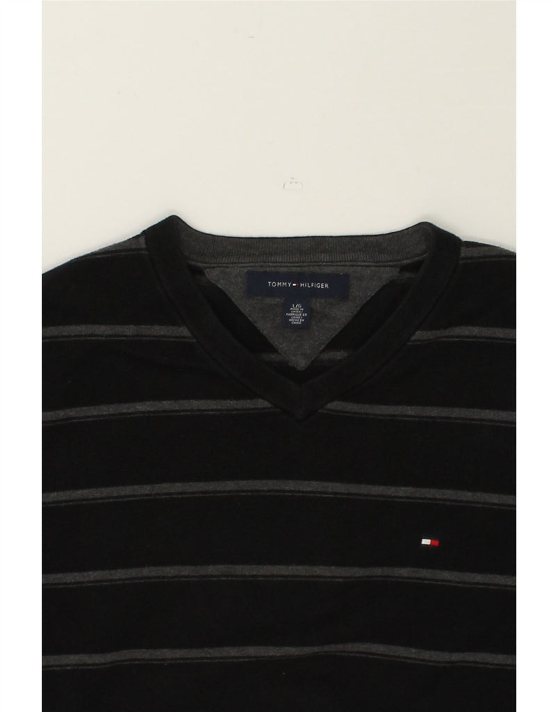 TOMMY HILFIGER Mens V-Neck Jumper Sweater Large Black Striped Cotton | Vintage Tommy Hilfiger | Thrift | Second-Hand Tommy Hilfiger | Used Clothing | Messina Hembry 