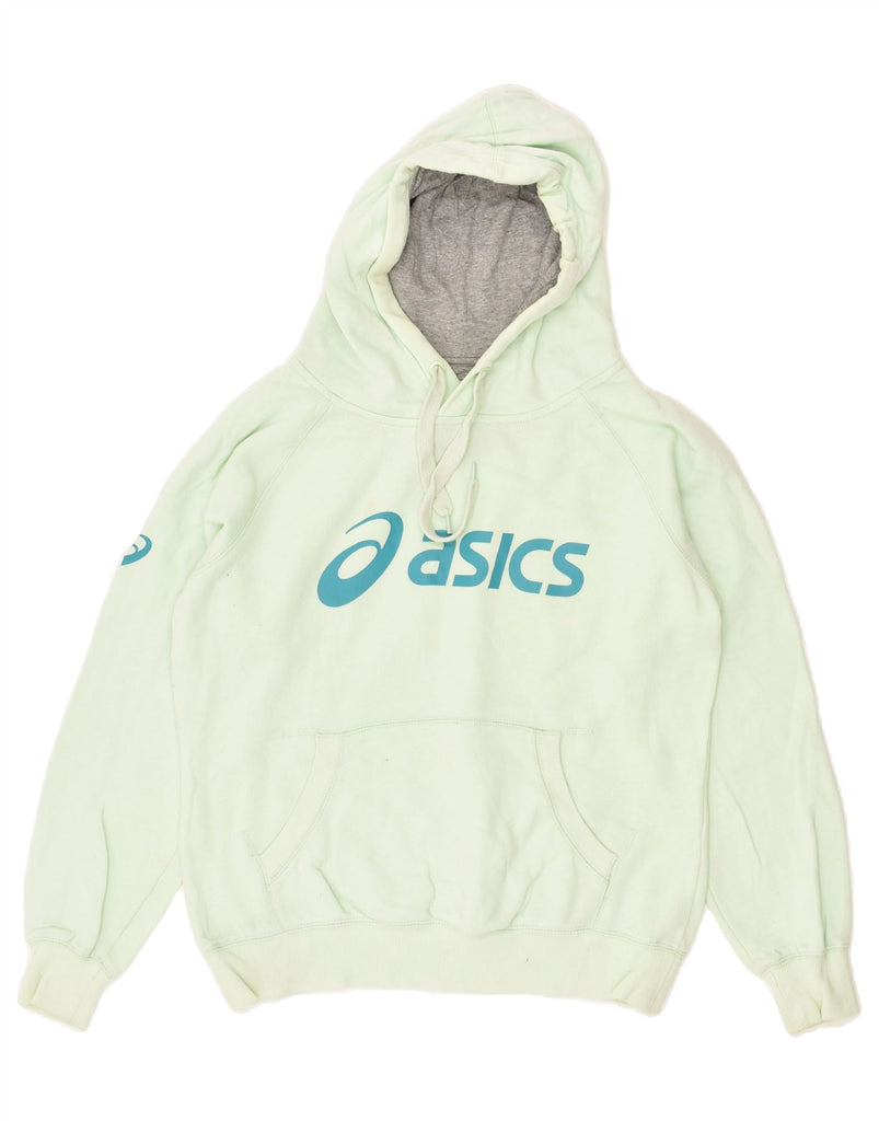 ASICS Womens Graphic Hoodie Jumper UK 14 Medium Green Cotton | Vintage Asics | Thrift | Second-Hand Asics | Used Clothing | Messina Hembry 