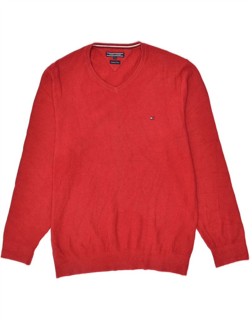 TOMMY HILFIGER Mens Premium V-Neck Jumper Sweater XL Red Cotton | Vintage Tommy Hilfiger | Thrift | Second-Hand Tommy Hilfiger | Used Clothing | Messina Hembry 