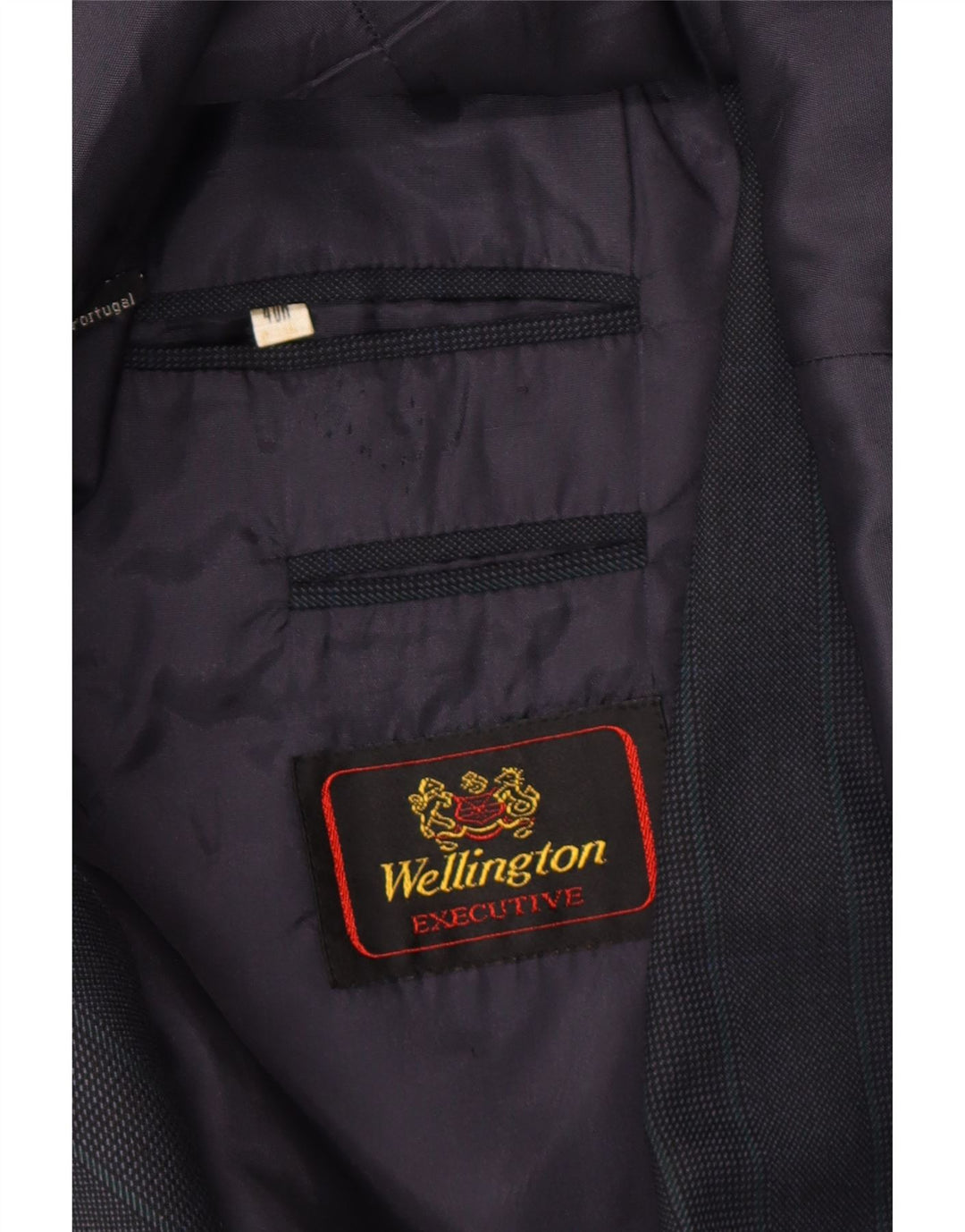 WELLINGTON Mens Double Breasted Blazer Jacket UK 40 Large Navy Blue Check Vintage Wellington and Second-Hand Wellington from Messina Hembry 