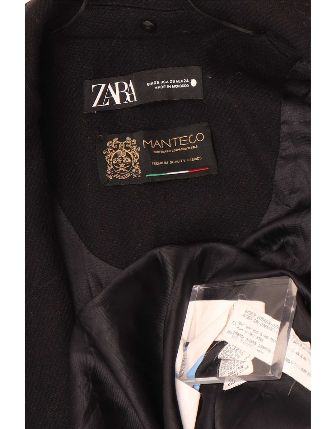 Zara Womens Manteco Overcoat UK 6 XS Black Wool
