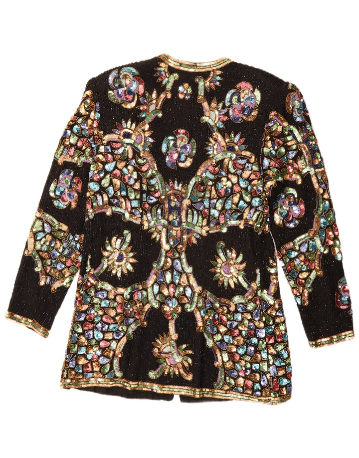 Vintage Womens Sequin Blazer Jacket UK 12 Medium Black Floral