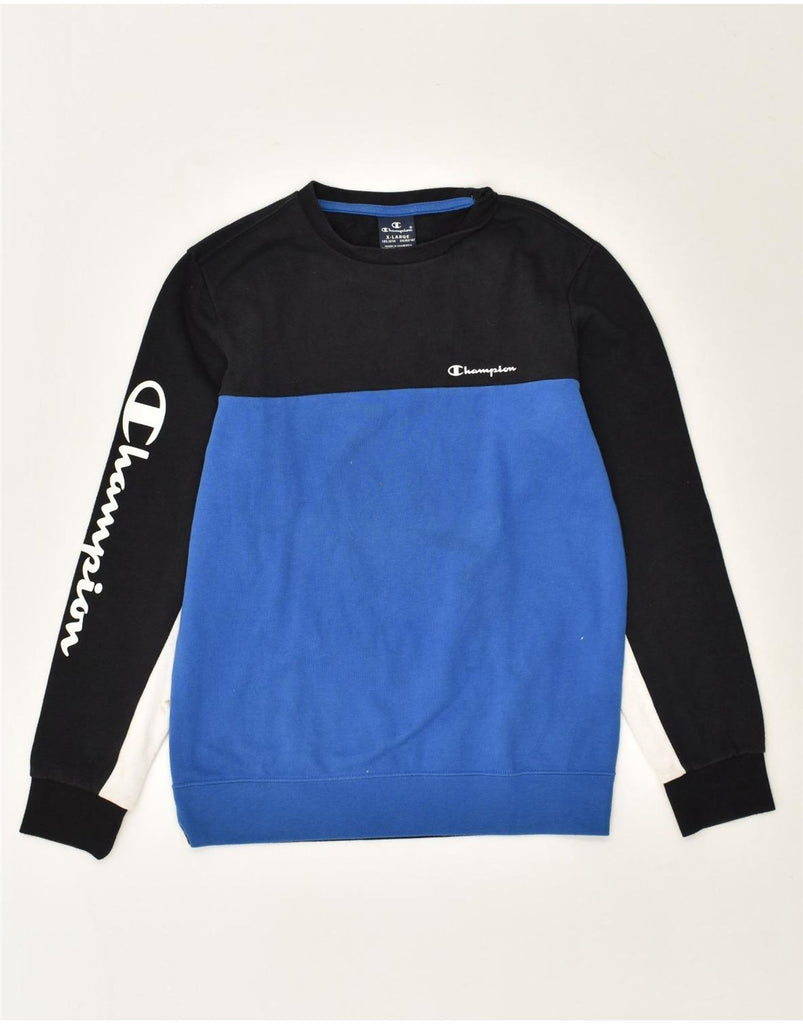 CHAMPION Boys Graphic Sweatshirt Jumper 12-13 Years XL Blue Colourblock | Vintage Champion | Thrift | Second-Hand Champion | Used Clothing | Messina Hembry 