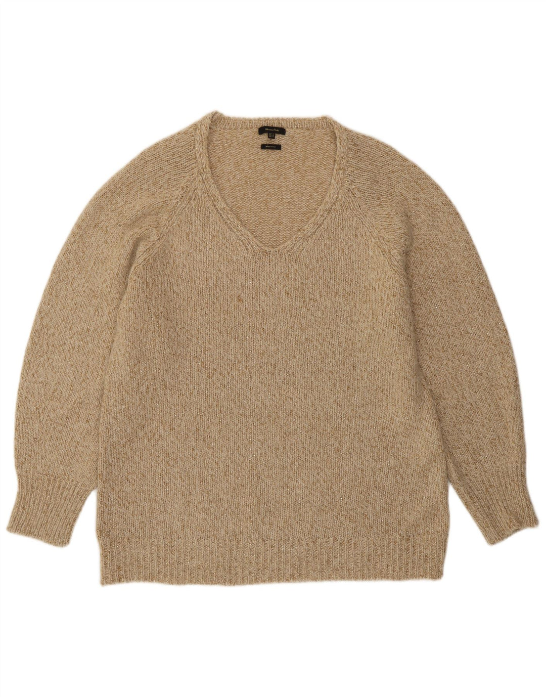 Massimo Dutti Womens V-Neck Jumper Sweater UK 14 Medium Beige Flecked Wool