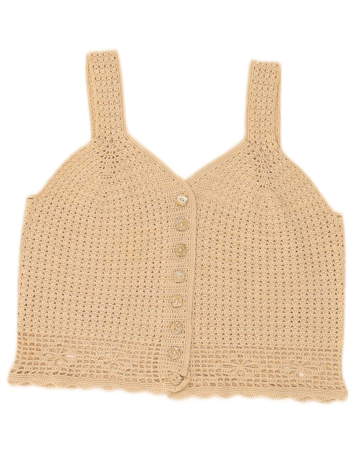 Vintage Womens Crop Blouse Top UK 8 Small Beige