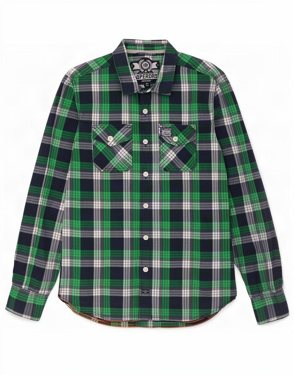 Superdry Mens Slim Fit Shirt XL Green Plaid Cotton