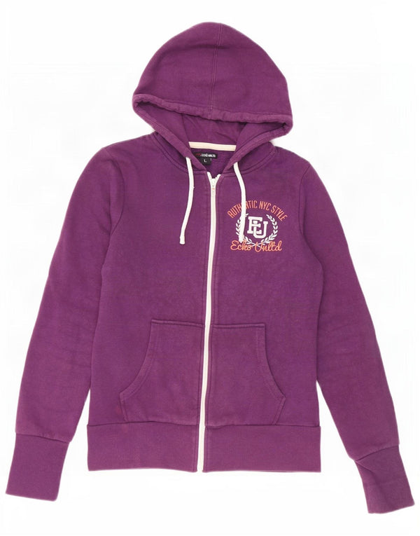 Ecko Unltd Womens Graphic Zip Hoodie Sweater UK 14 Large Purple Cotton