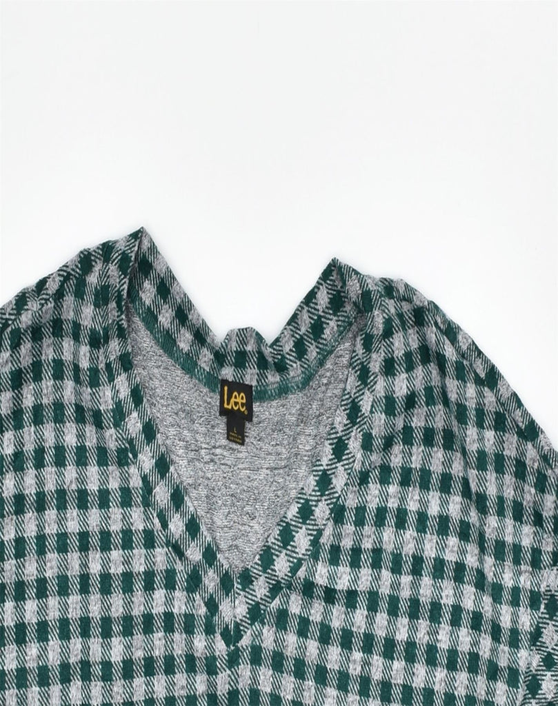 LEE Womens V-Neck Jumper Sweater UK 16 Large Green Check Polyester | Vintage | Thrift | Second-Hand | Used Clothing | Messina Hembry 