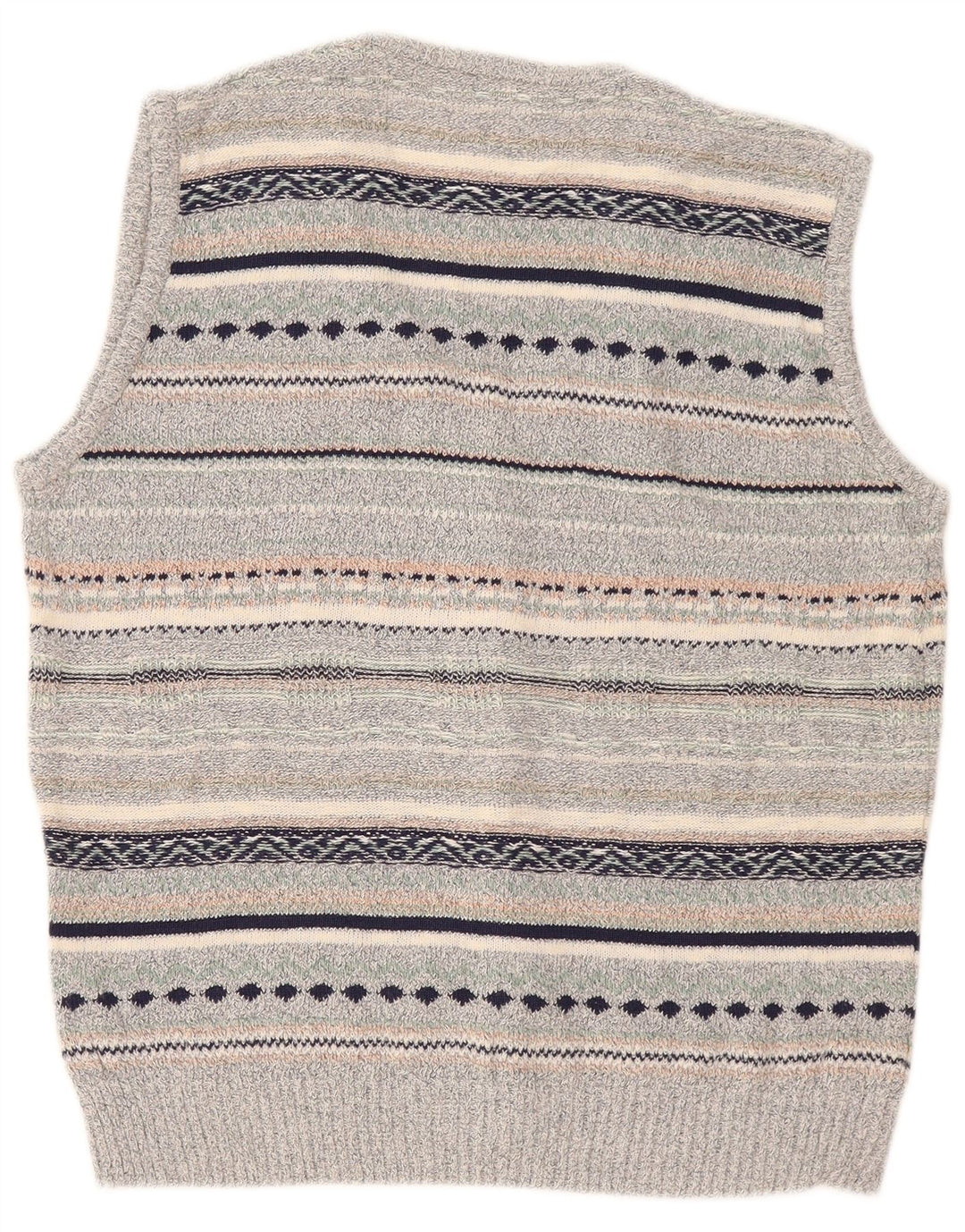 Vintage Mens Sleeveless Cardigan Sweater Medium Grey Striped Linen
