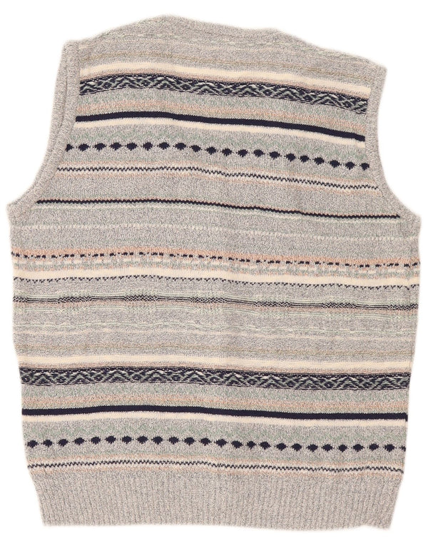 Vintage Mens Sleeveless Cardigan Sweater Medium Grey Striped Linen