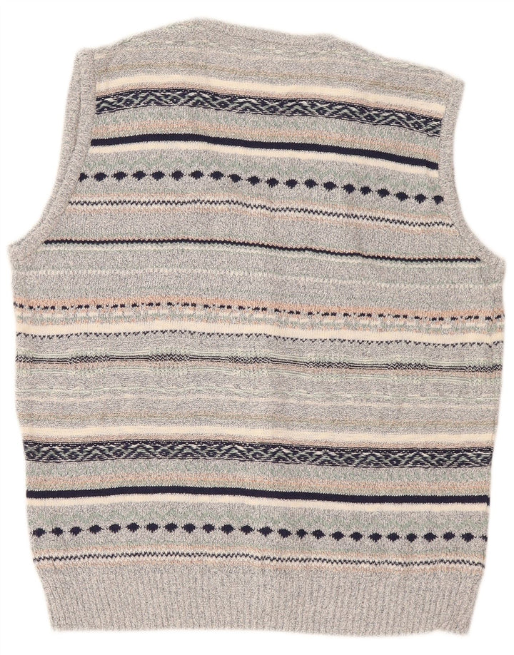 Vintage Mens Sleeveless Cardigan Sweater Medium Grey Striped Linen