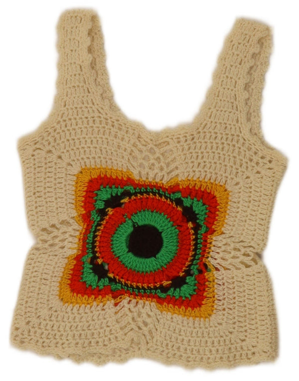 Vintage Womens Crochet Sleeveless Crop Top UK 4 XS Off White Geometric