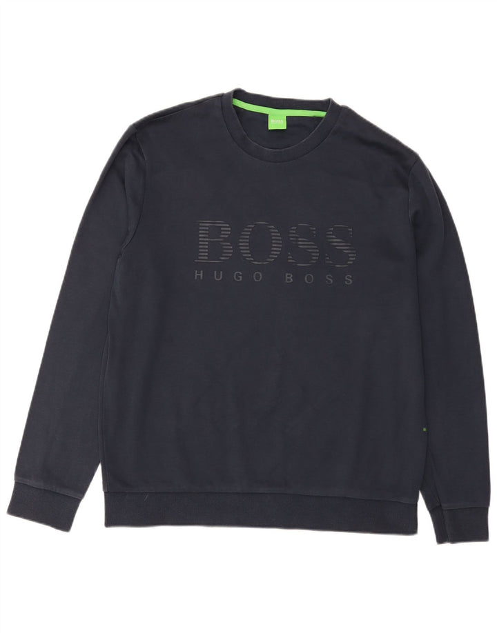 Hugo Boss Mens Graphic Sweatshirt Jumper Large Navy Blue Cotton