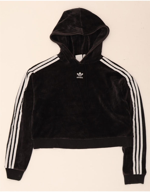 Adidas Womens Oversized Crop Velvet Hoodie Jumper UK 4 XS Black Cotton