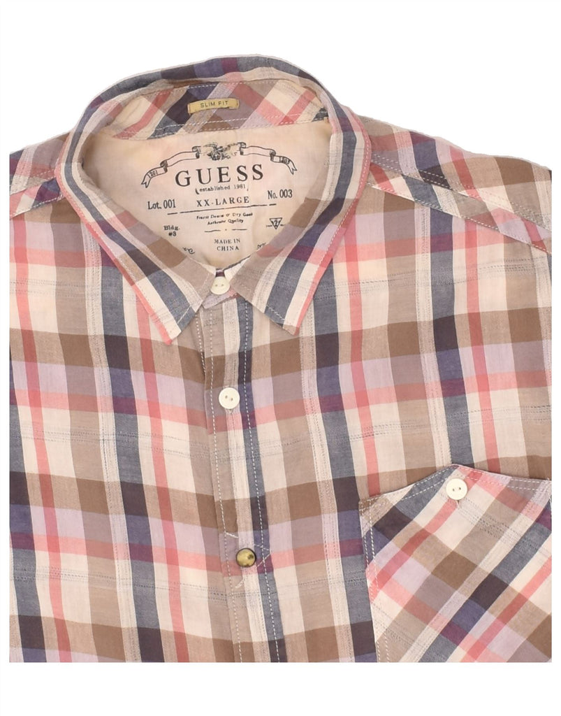 GUESS Mens Slim Fit Short Sleeve Shirt 2XL Beige Check Cotton | Vintage Guess | Thrift | Second-Hand Guess | Used Clothing | Messina Hembry 