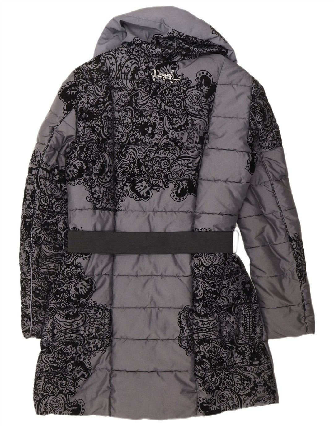 Desigual Womens Double Breasted Padded Coat EU 38 Medium Grey Floral