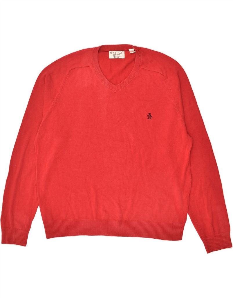 PENGUIN Mens V-Neck Jumper Sweater 2XL Red Cotton | Vintage Penguin | Thrift | Second-Hand Penguin | Used Clothing | Messina Hembry 