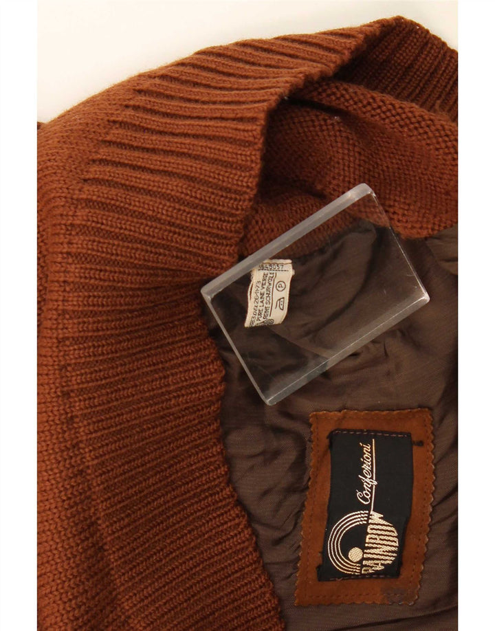 Vintage Mens Cardigan Sweater Medium Brown Leather