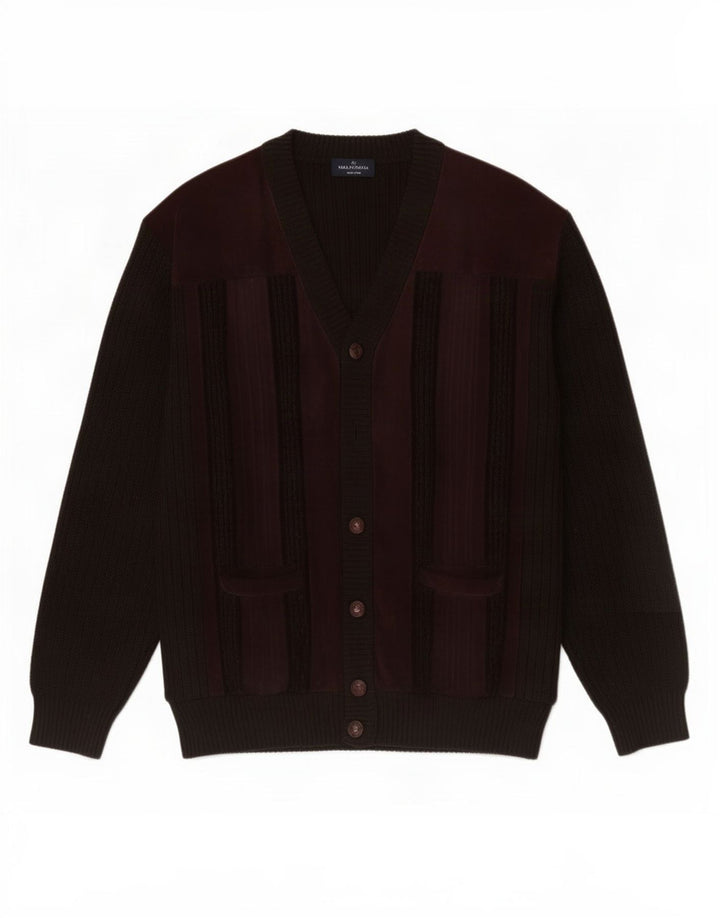 Malagrida Mens Suede Cardigan Sweater Large Brown Leather