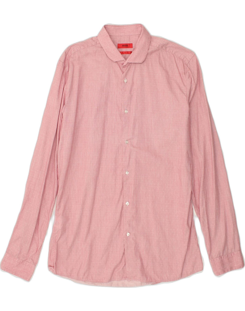 HUGO BOSS Mens Slim Shirt Size 40 15 1/2 Medium Pink Cotton | Vintage Hugo Boss | Thrift | Second-Hand Hugo Boss | Used Clothing | Messina Hembry 