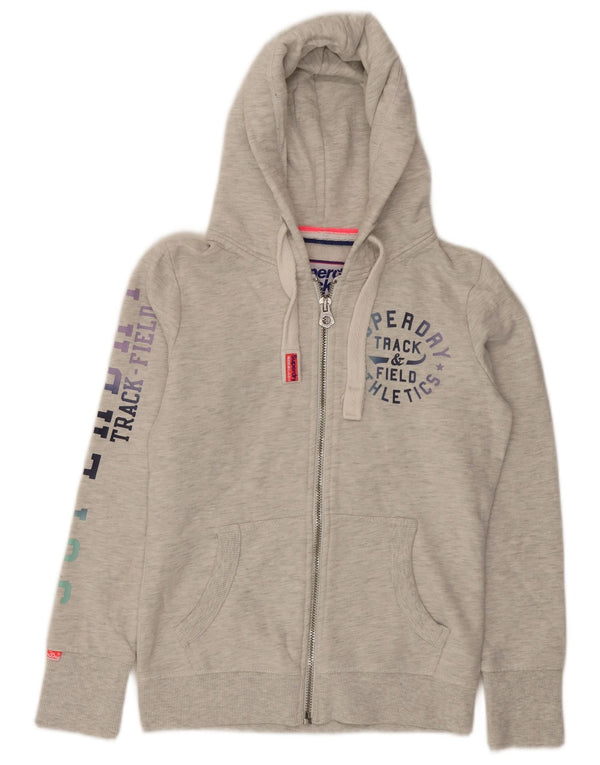 Superdry Womens Graphic Zip Hoodie Sweater UK 10 Small Grey Flecked Cotton