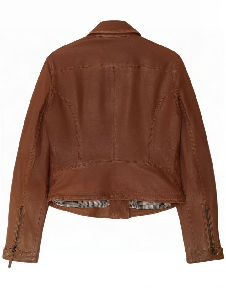 Massimo Dutti Womens Biker Leather Jacket UK 10 Small Brown