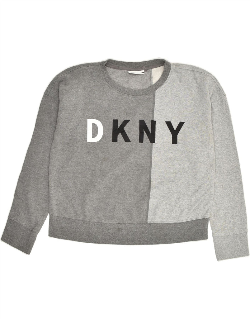 DKNY Womens Graphic Sweatshirt Jumper UK 16 Large Grey Colourblock Cotton | Vintage Dkny | Thrift | Second-Hand Dkny | Used Clothing | Messina Hembry 