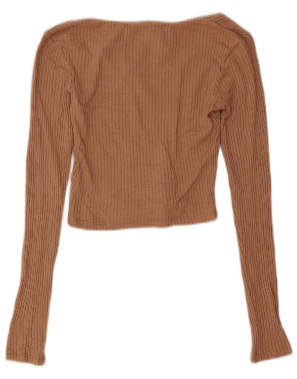 Topshop Womens Crop Top Long Sleeve UK 6 XS Beige Viscose