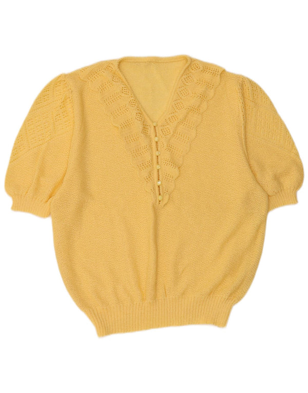 VINTAGE Womens Short Sleeve V-Neck Jumper Sweater UK 16 Large Yellow