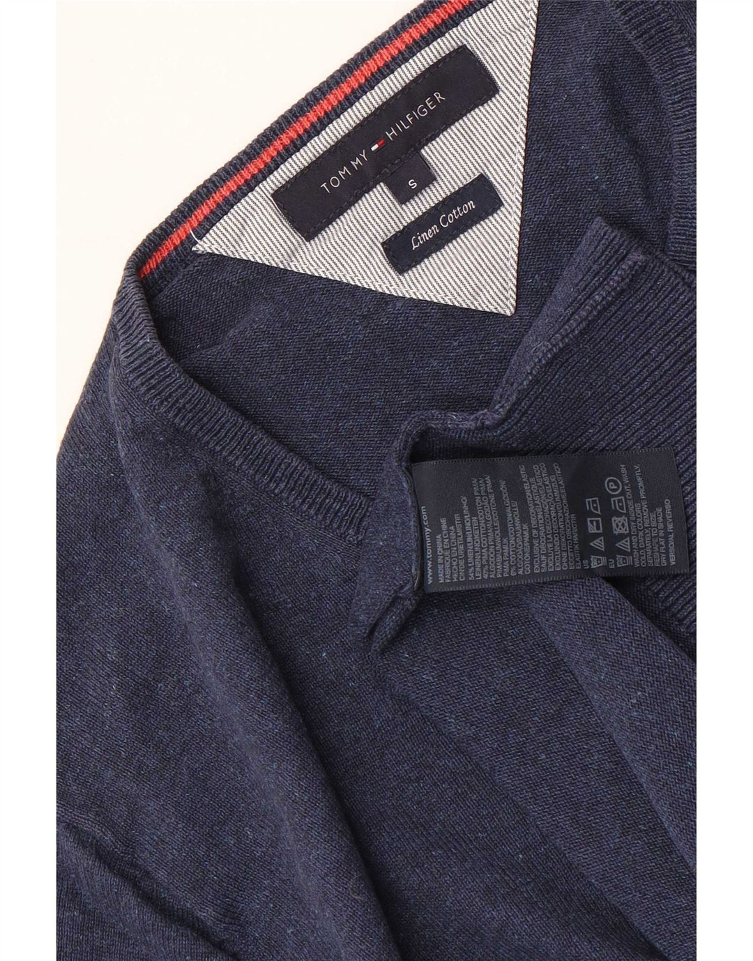 Tommy Hilfiger Mens V-Neck Jumper Sweater Small Navy Blue Linen