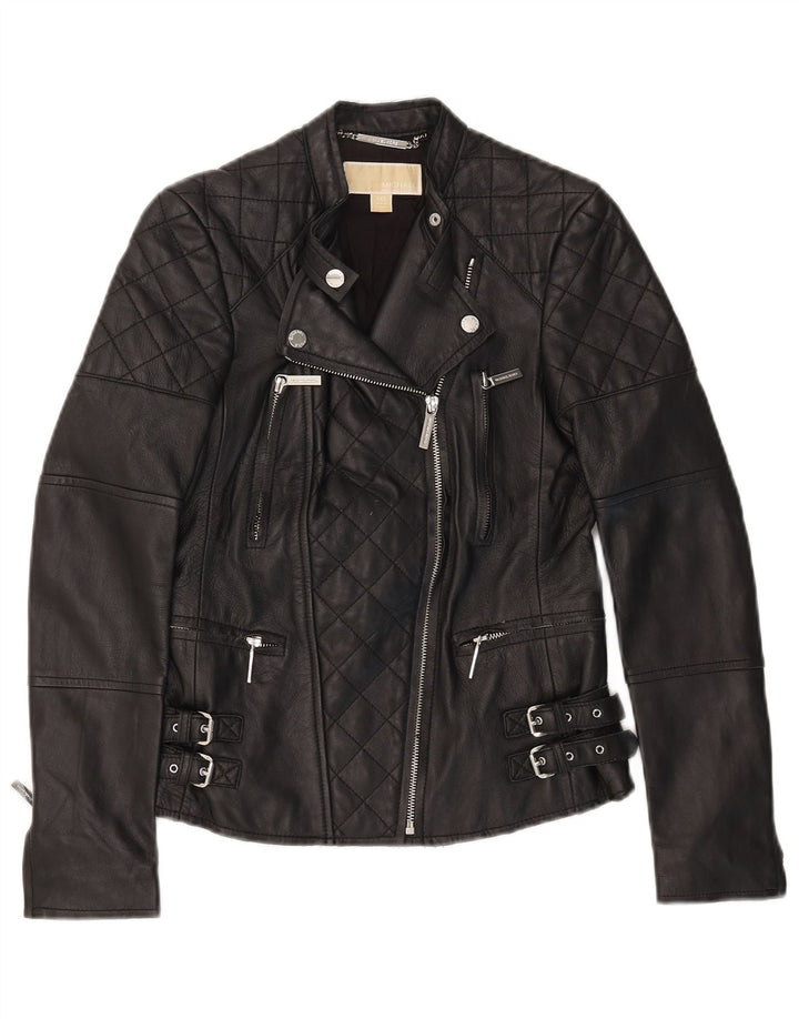 Michael Kors Womens Crop Leather Biker Jacket UK 2 2XS Black Leather