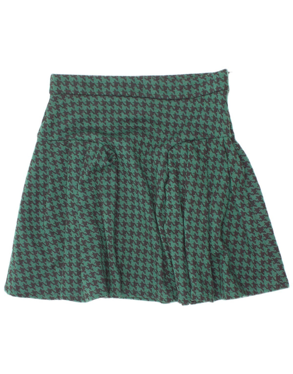 Zara Girls Pleated Skirt 13-14 Years W26 Green Houndstooth Polyester