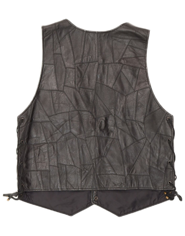 Vintage Womens Leather Waistcoat 2XL Black Patchwork Biker