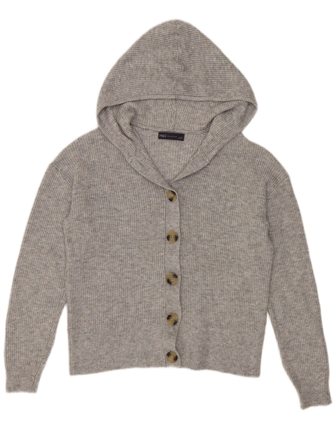 Marks & Spencer Womens Hooded Cardigan Sweater UK 14 Medium Grey Polyester