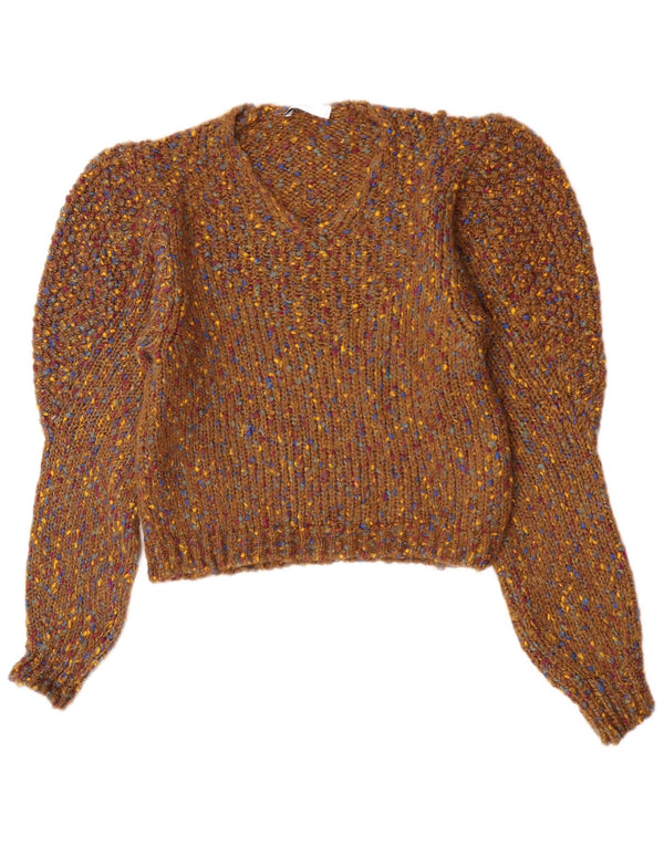 Zara Womens V-Neck Jumper Sweater UK 14 Medium Brown Flecked Acrylic