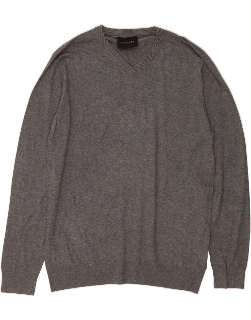 RICHMOND Mens Slim Fit V-Neck Jumper Sweater 3XL Grey Merino Wool Vintage Richmond and Second-Hand Richmond from Messina Hembry 