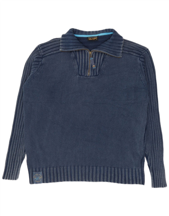 Wrangler Mens Zip Neck Jumper Sweater Large Navy Blue Cotton