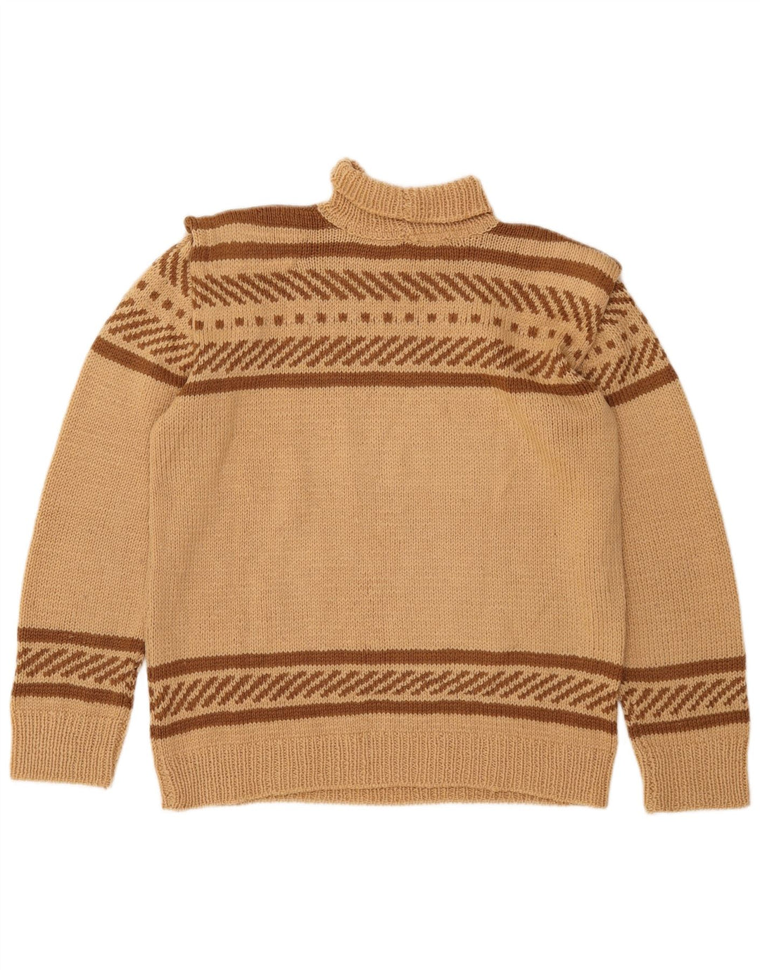 VINTAGE Womens Roll Neck Jumper Sweater UK 16 Large Beige Striped