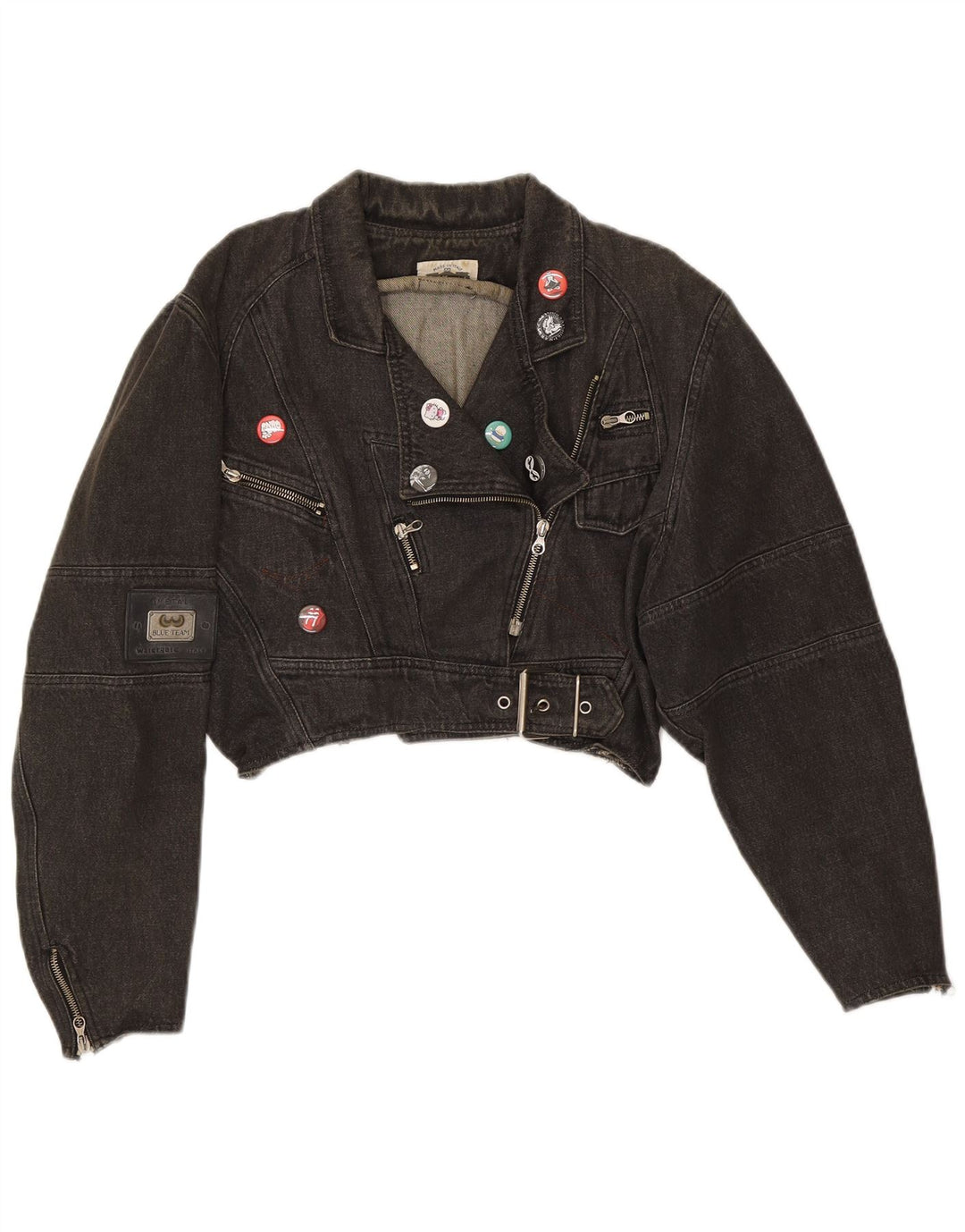 Vintage Womens Oversized Crop Denim Biker Jacket UK 14 Medium Black Cotton