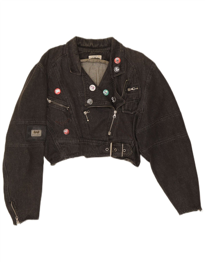 Vintage Womens Oversized Crop Denim Biker Jacket UK 14 Medium Black Cotton