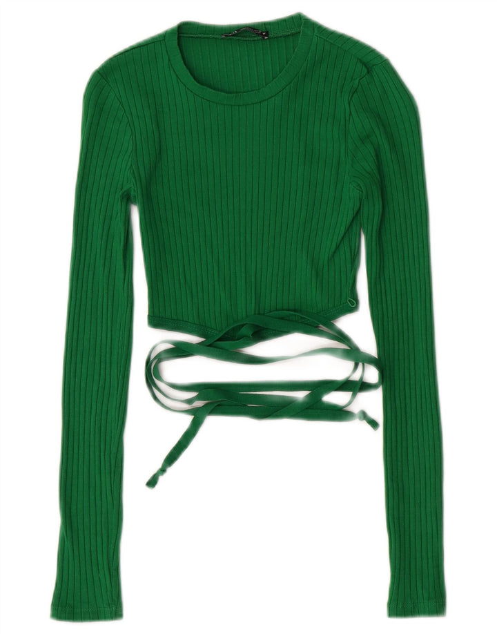 Zara Womens Crop Top Long Sleeve UK 8 Small Green Cotton