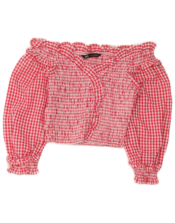 Zara Womens Crop 3/4 Sleeve Off Shoulder Top UK 4 XS Red Gingham Polyester